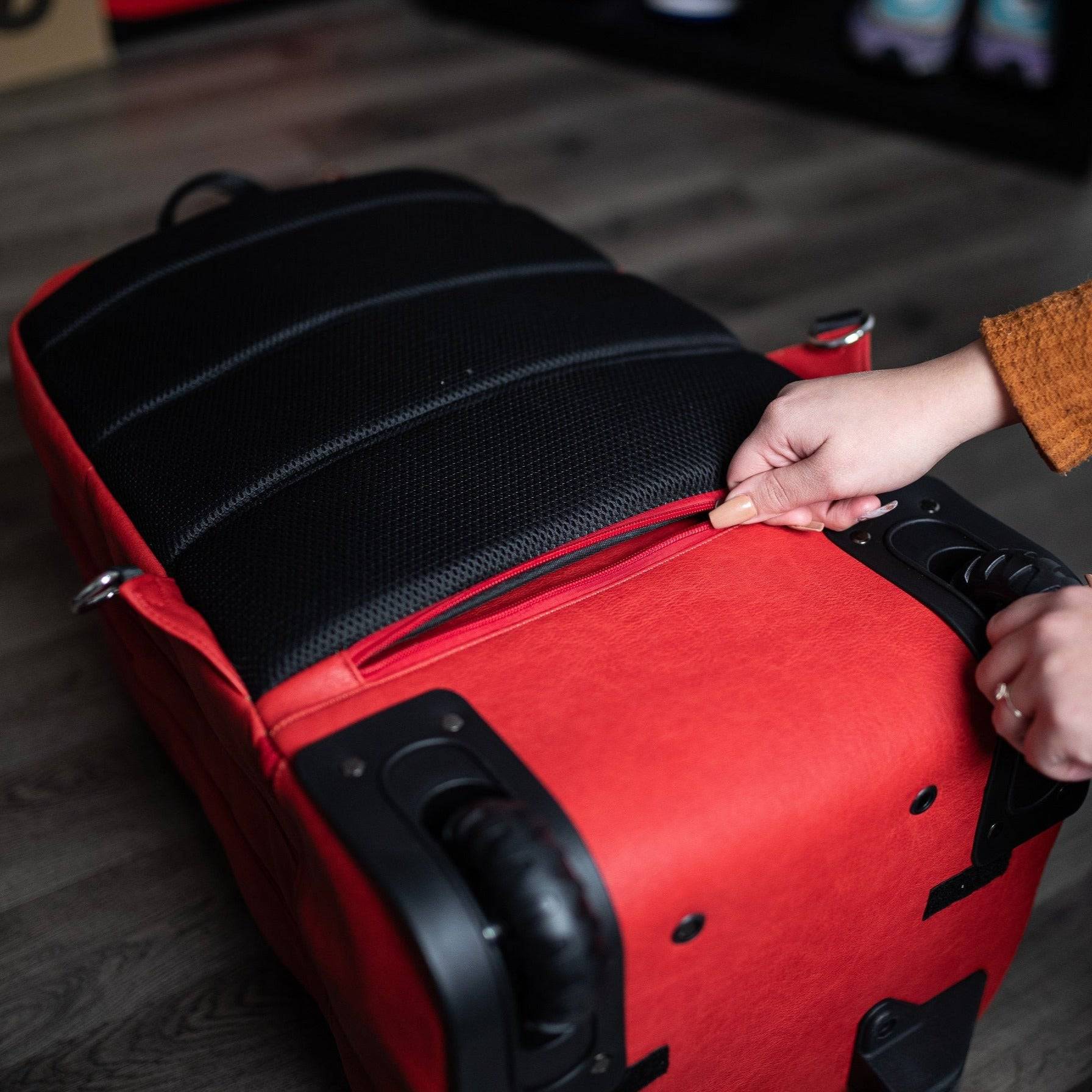 Red Leather Carry-On Roller Bag
