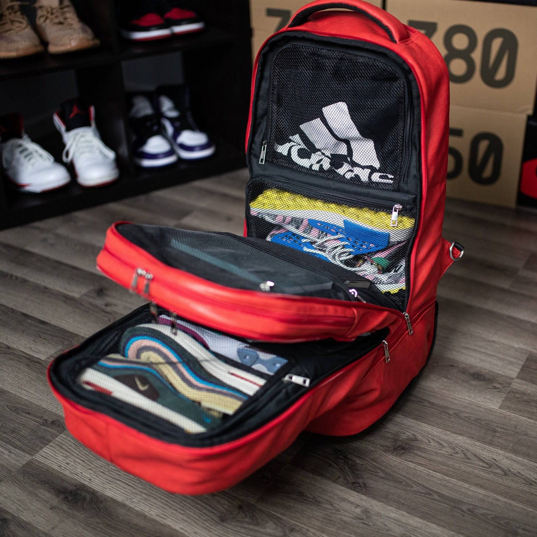 Red Leather Carry-On Roller Bag