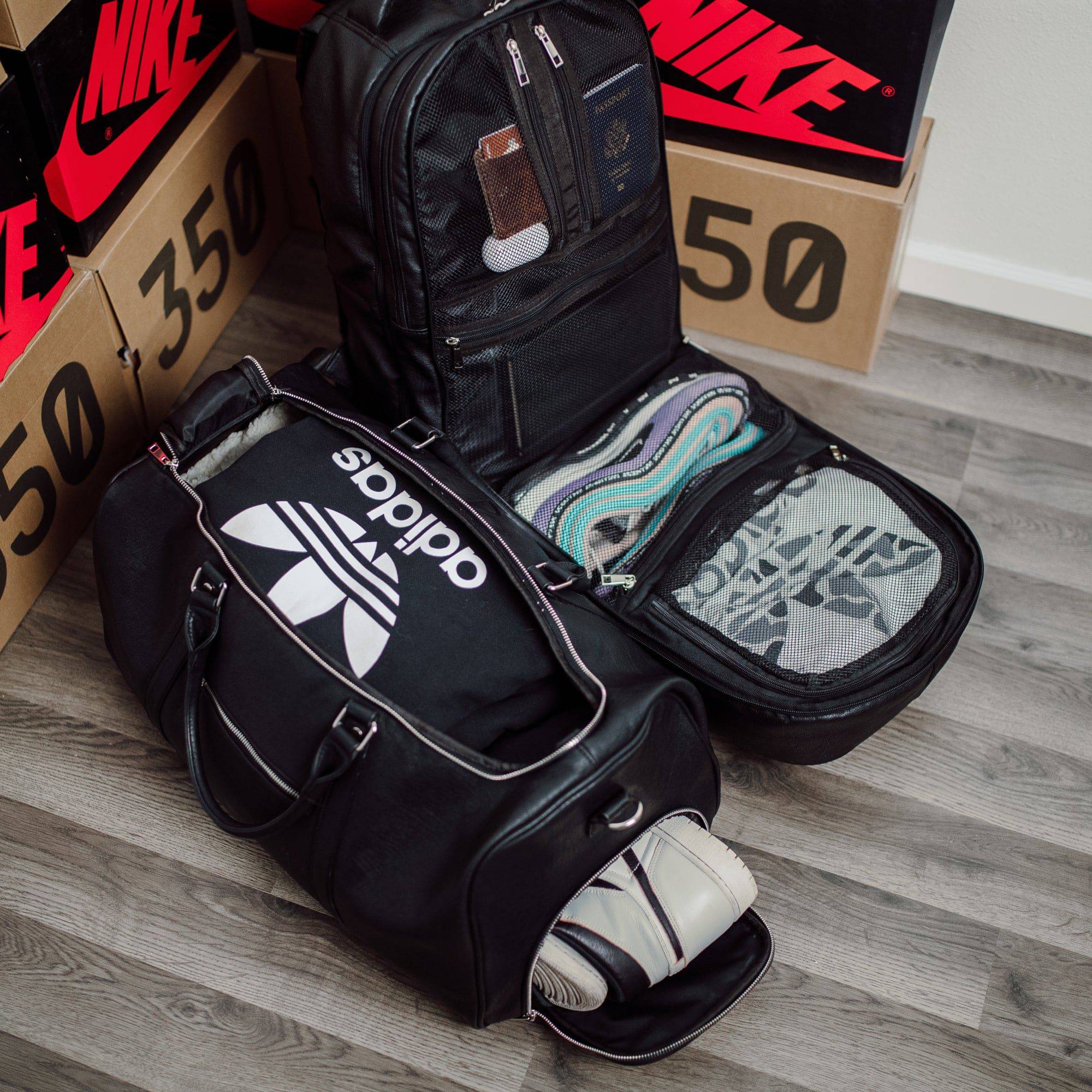 Black Leather Signature Bag Set Signature Backpack and Duffle Bag