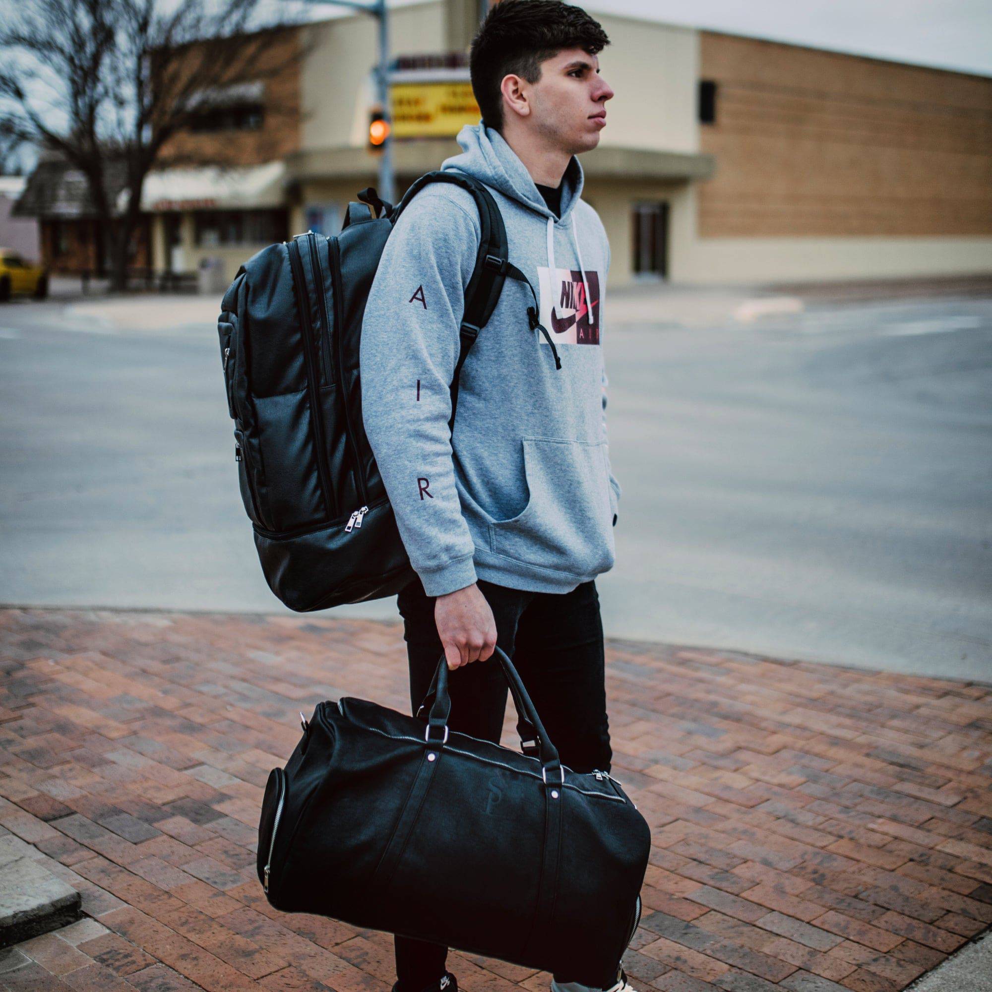 Black Leather Signature Bag Set Signature Backpack and Duffle Bag