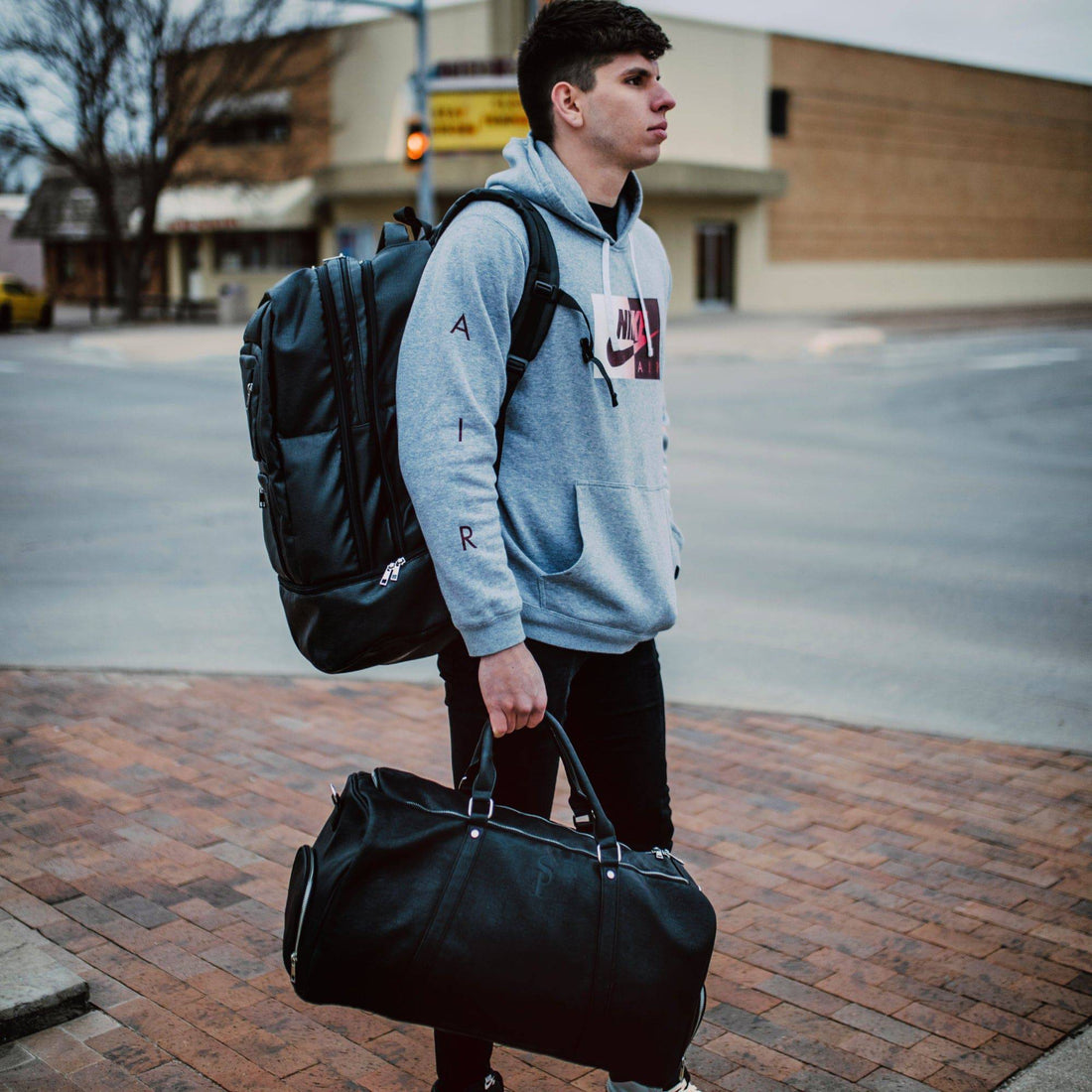 Black Leather Signature Bag Set Signature Backpack and Duffle Bag