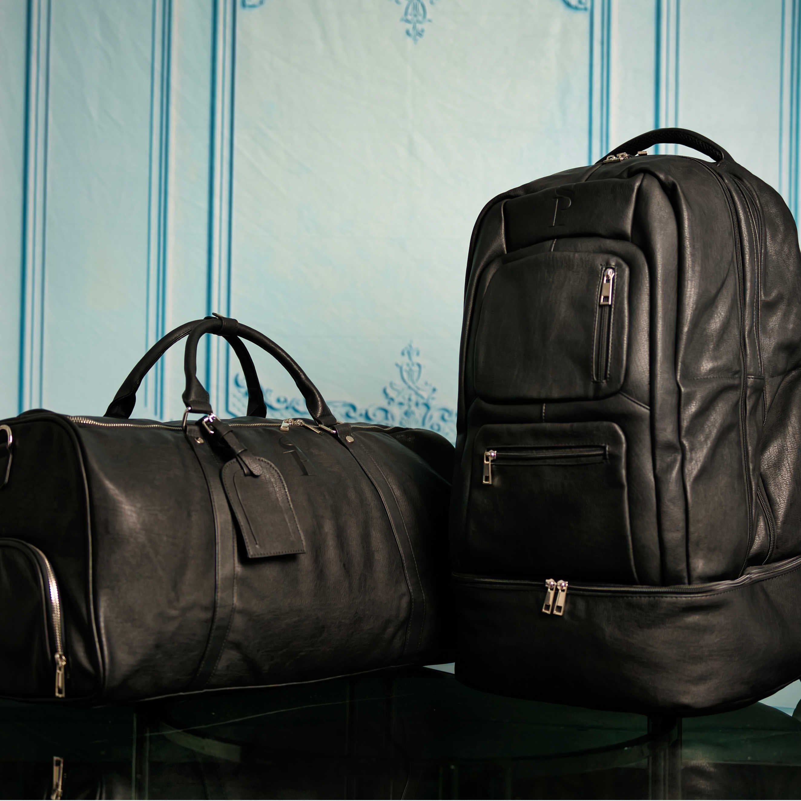 Black Leather Signature Bag Set Signature Backpack and Duffle Bag