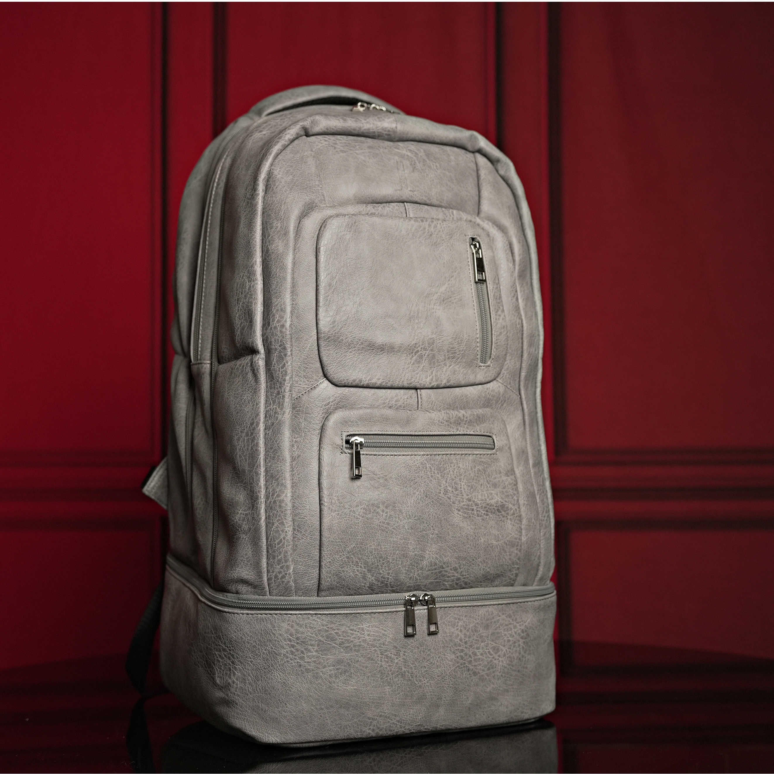 Grey Tumbled Leather Signature Backpack & Duffle Bag Set