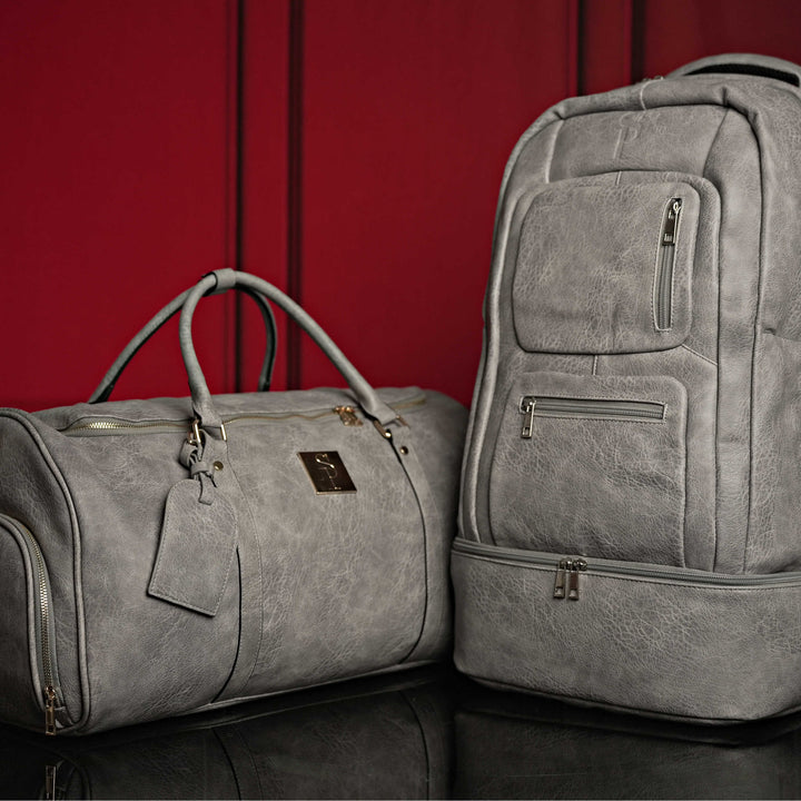 Grey Tumbled Leather Signature Backpack & Duffle Bag Set