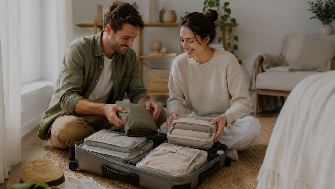 Man and woman packing a suitcase together in a cozy living room.
