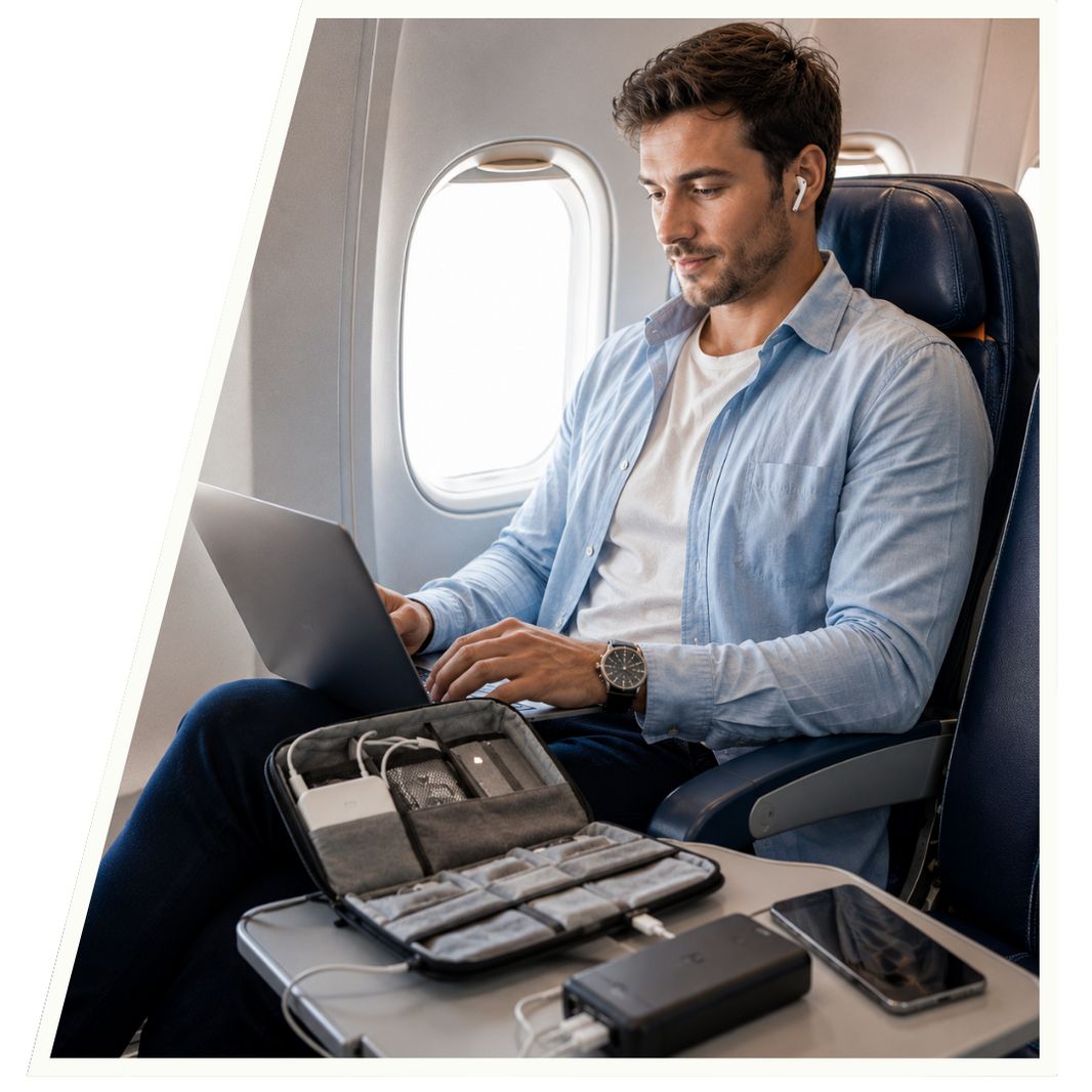Man using a laptop on an airplane with a travel case and phone on the tray table.
