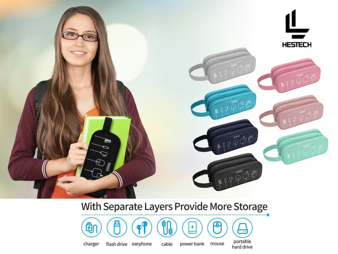 HESTECH Double Layer Travel Cable Organizer Case
