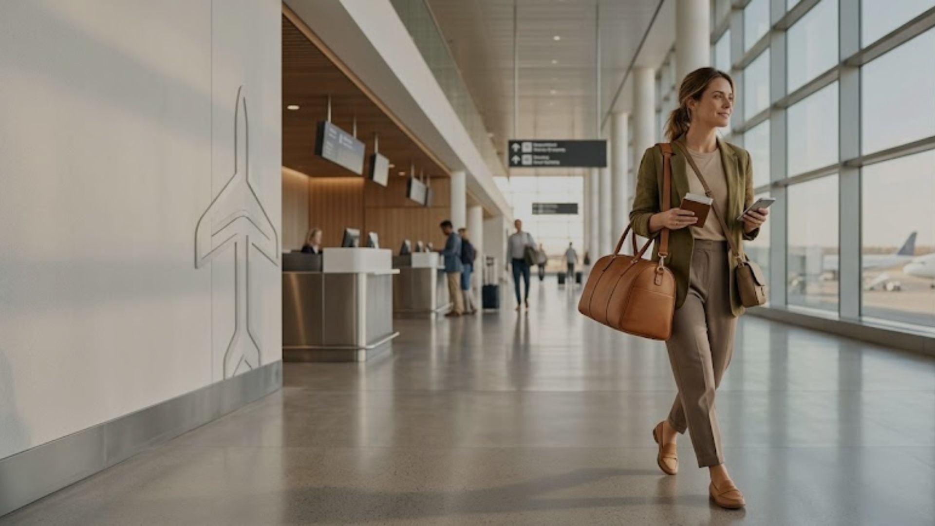 Woman walking through an airport terminal with a suitcase and handbag.