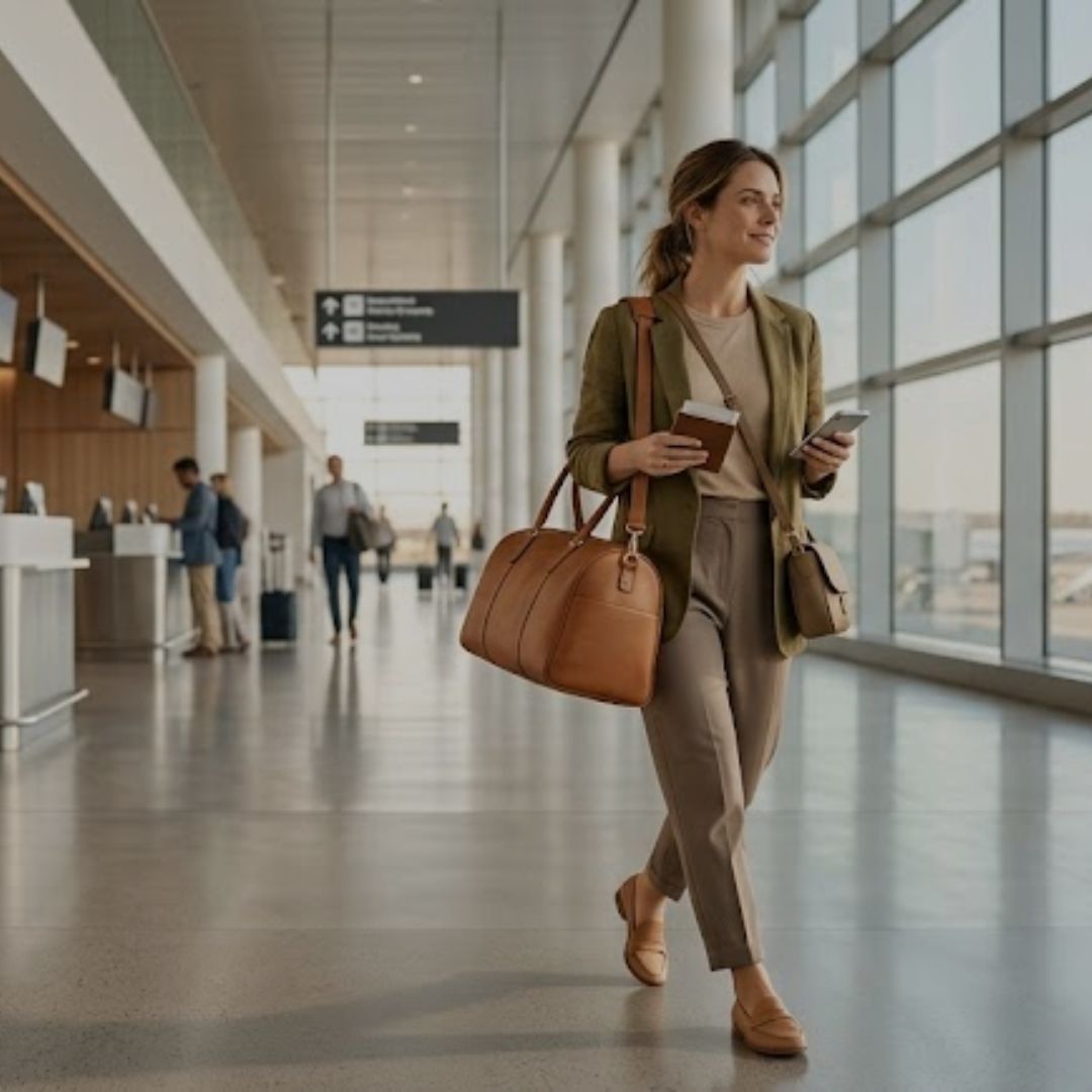 Woman walking through an airport terminal holding a phone and a brown leather bag.