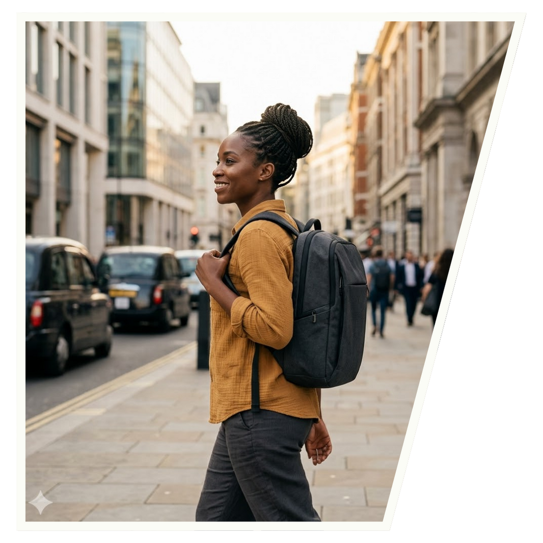 Woman with a backpack walking down a city street