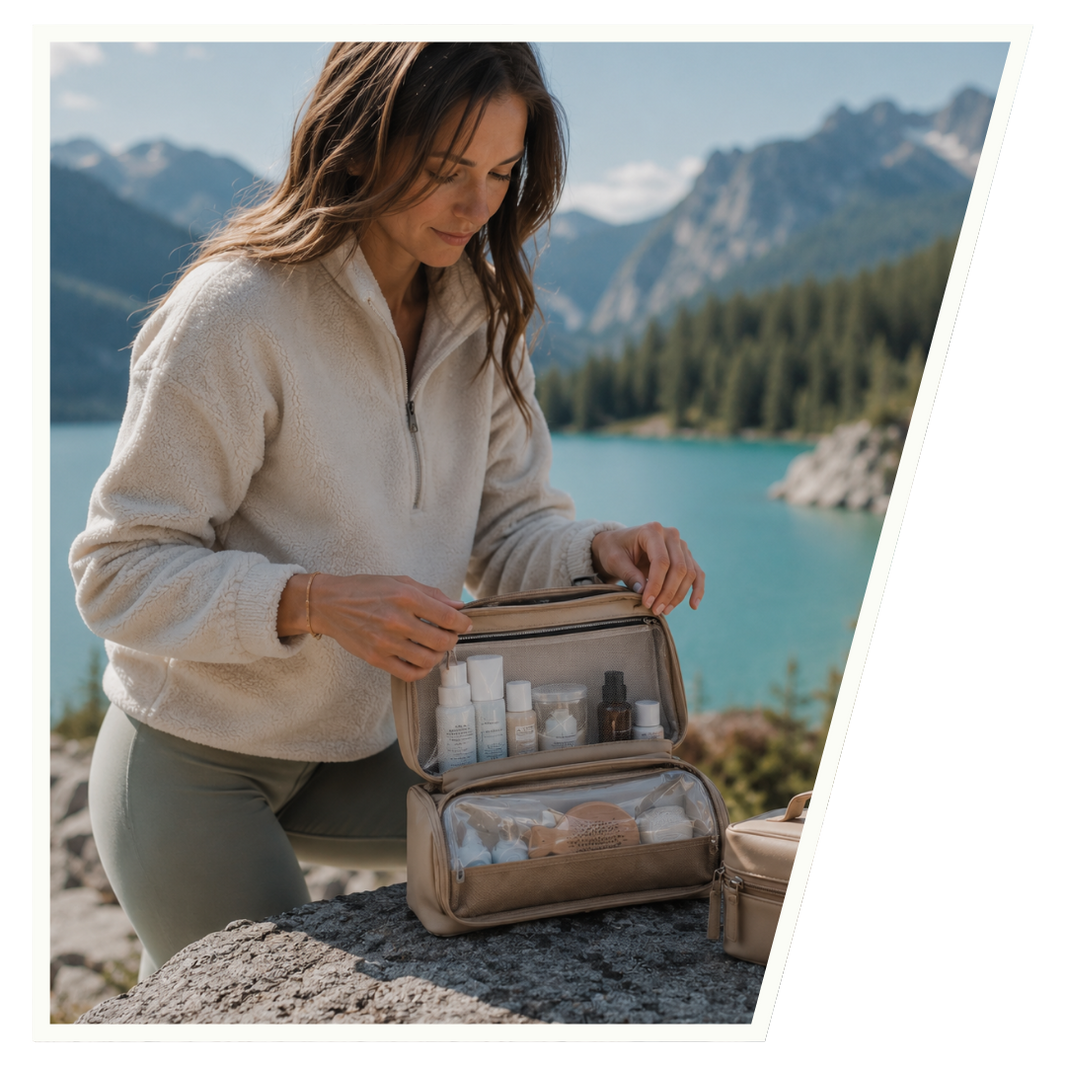 Woman in a natural setting with mountains and water, organizing toiletries in a travel bag.